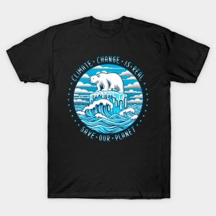 Polar bear on ice. Climate change is real, save our planet T-Shirt